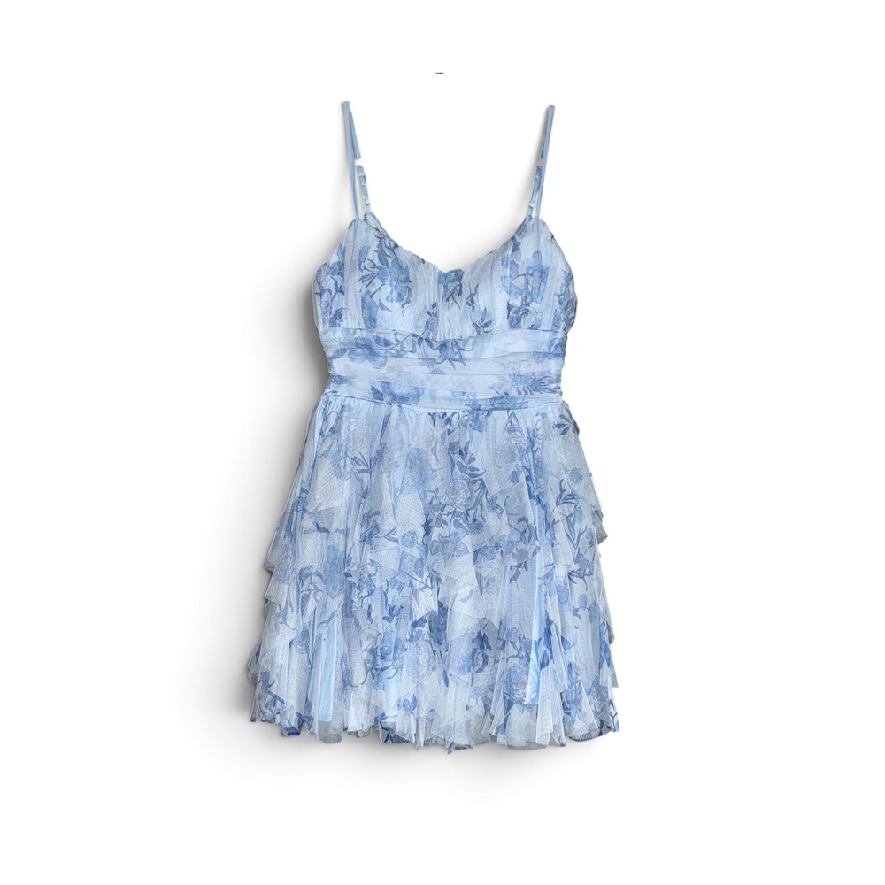 B. Darlin Blue Floral Tiered Ruffle Mesh Mini Dress NWT Size 5/6 Z42AM74